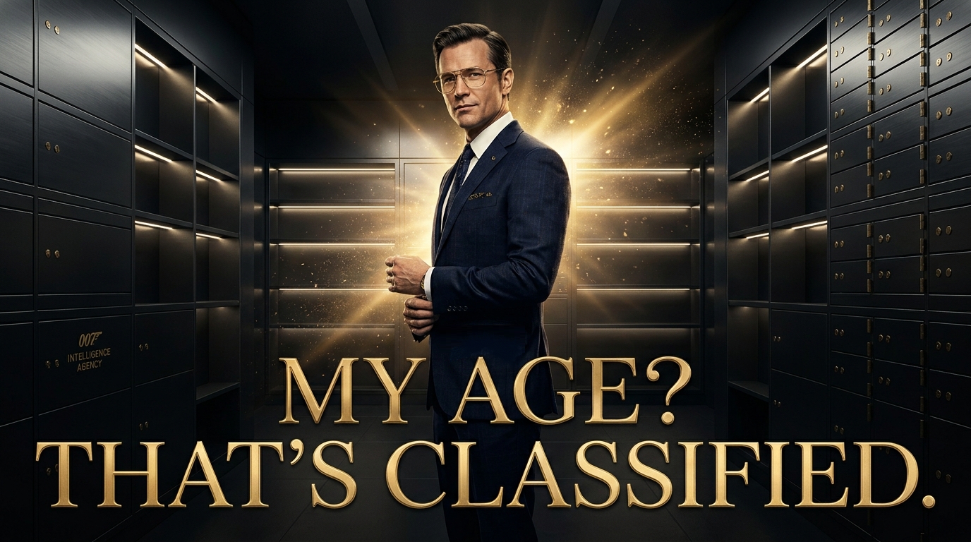 Secret Agent in suit — My Age? That's Classified.