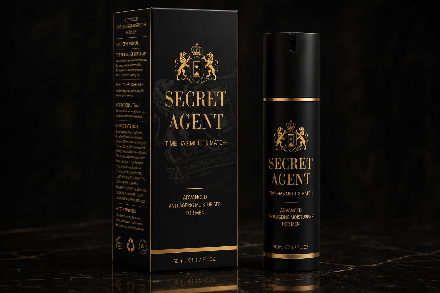 SECRET AGENT Official Presentation Box and Airless Bottle with Heraldic Crest — Advanced Anti-Ageing Moisturiser for Men